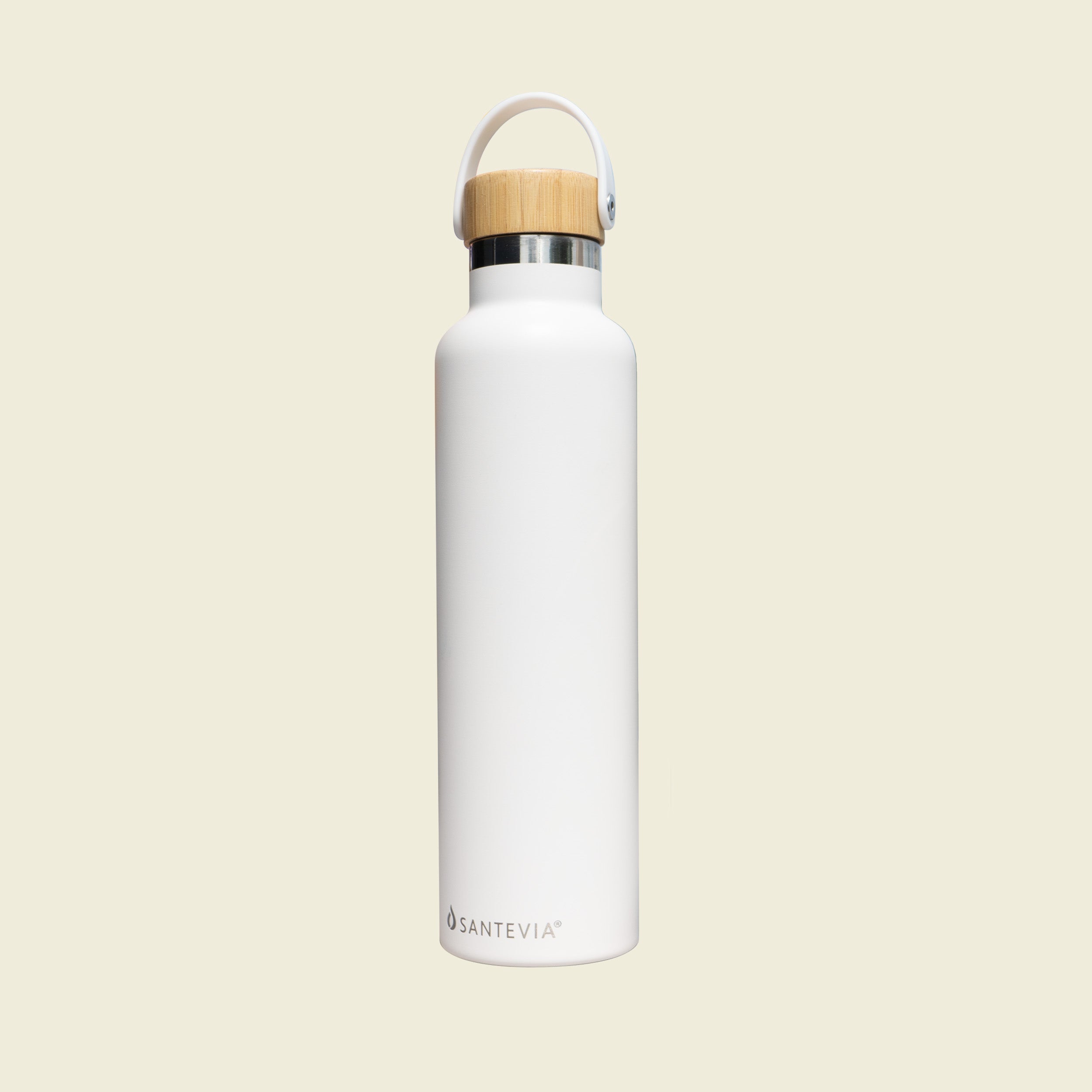 White water bottle with bamboo cap on a beige background