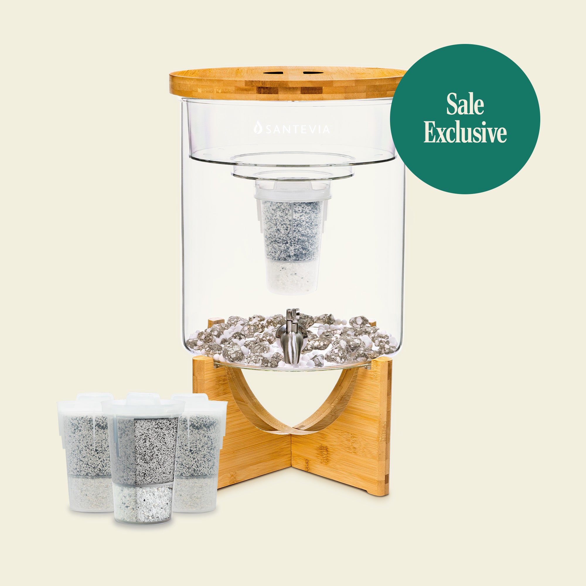 water filter with wooden lid and stand on a beige background, featuring 'Sale Exclusive' label.