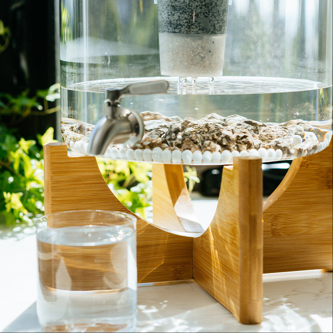 Detail shot of the Santevia Glass Water System showing the Mineral Stones, Bamboo Stand, MIna Fluoride Filter and a glass full of water