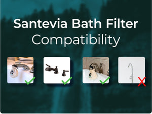 Infographic showing the compatibility of the Santevia Bath Filter on different faucets