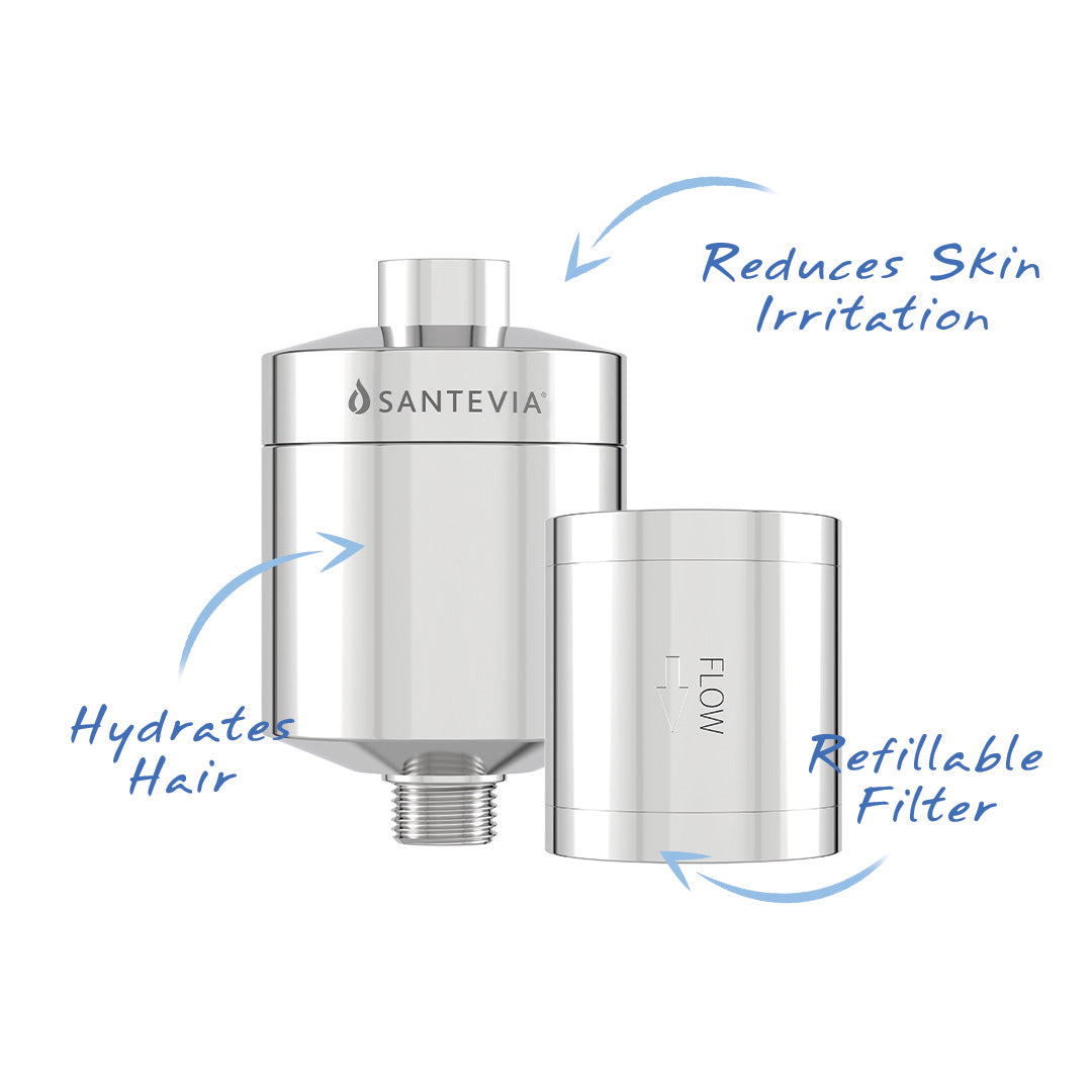 Santevia Shower Filter reduces skin irritation, hydrates hair, and has a refillable metal filter