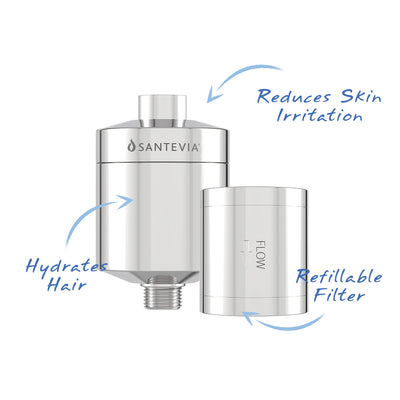 Santevia Shower Filter reduces skin irritation, hydrates hair, and has a refillable metal filter
