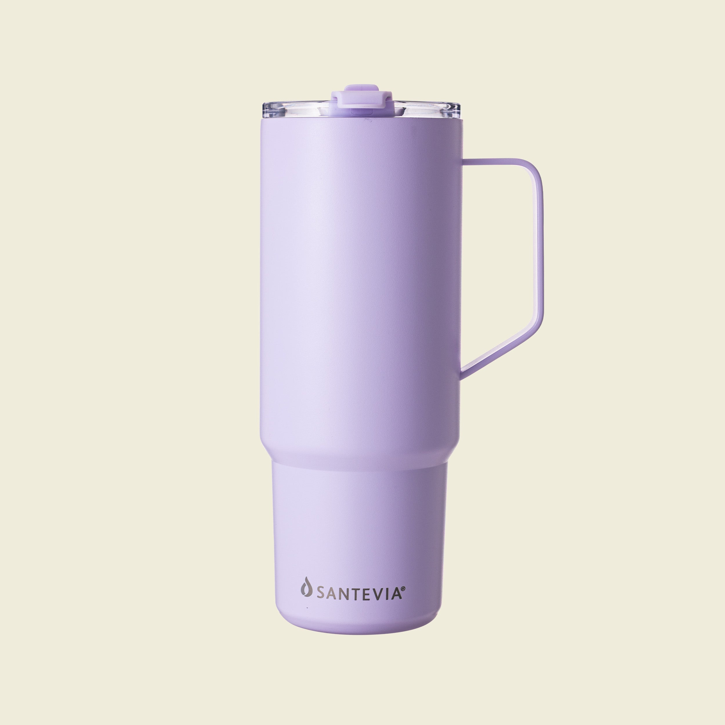 Purple tumbler with handle on a light beige background