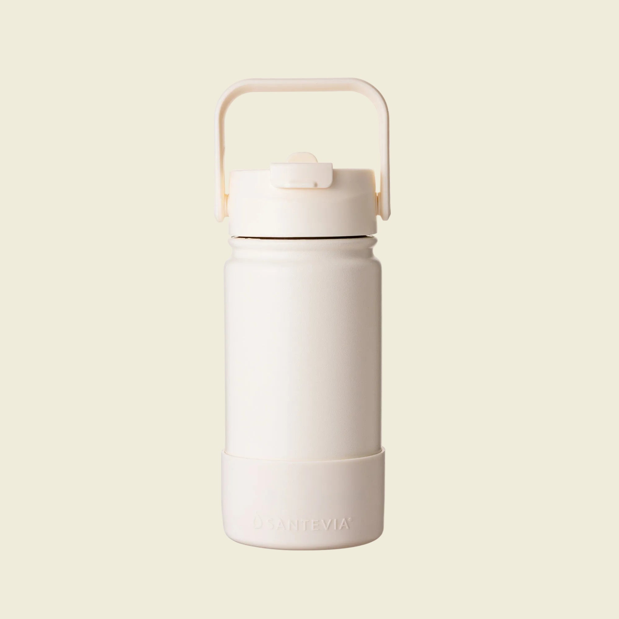 Ivory coloured small stainless water bottle with a handle on a white background