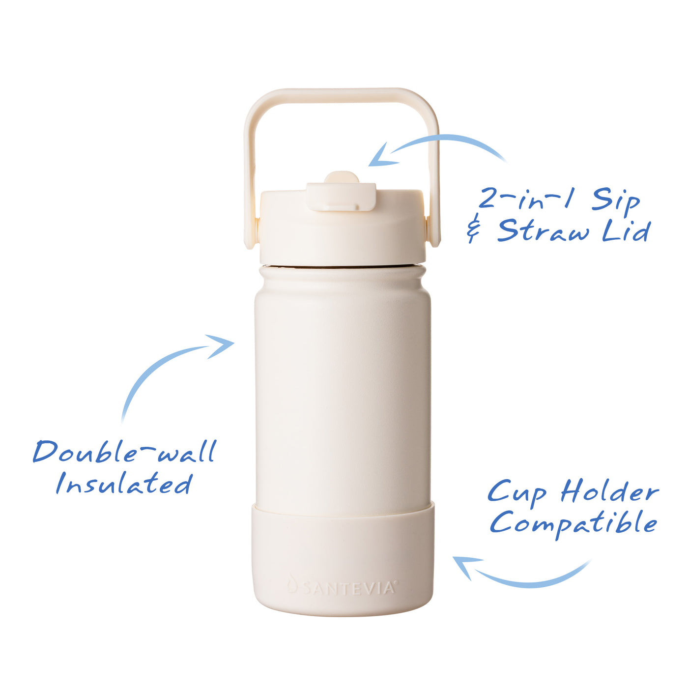 Santevia Kids Bottle Ivory, 2-in-1 sip & Straw lid, double-wall insulated, cup holder compatible, silicone sleeve, scratch resistant 