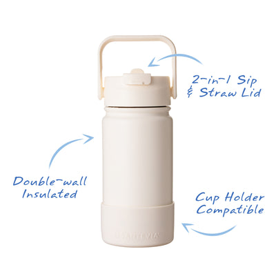 Santevia Kids Bottle Ivory, 2-in-1 sip & Straw lid, double-wall insulated, cup holder compatible, silicone sleeve, scratch resistant 