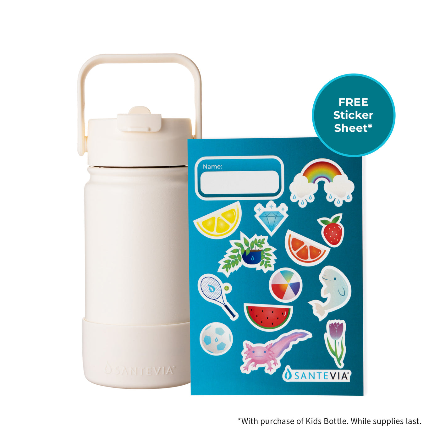 Santevia Kids Bottle comes with free sticker sheet while supplies last