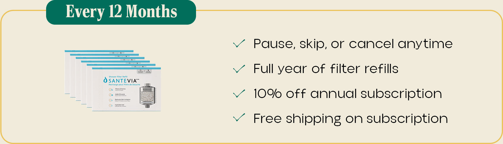Every 12 months: a year of filtration media, at 10% off.