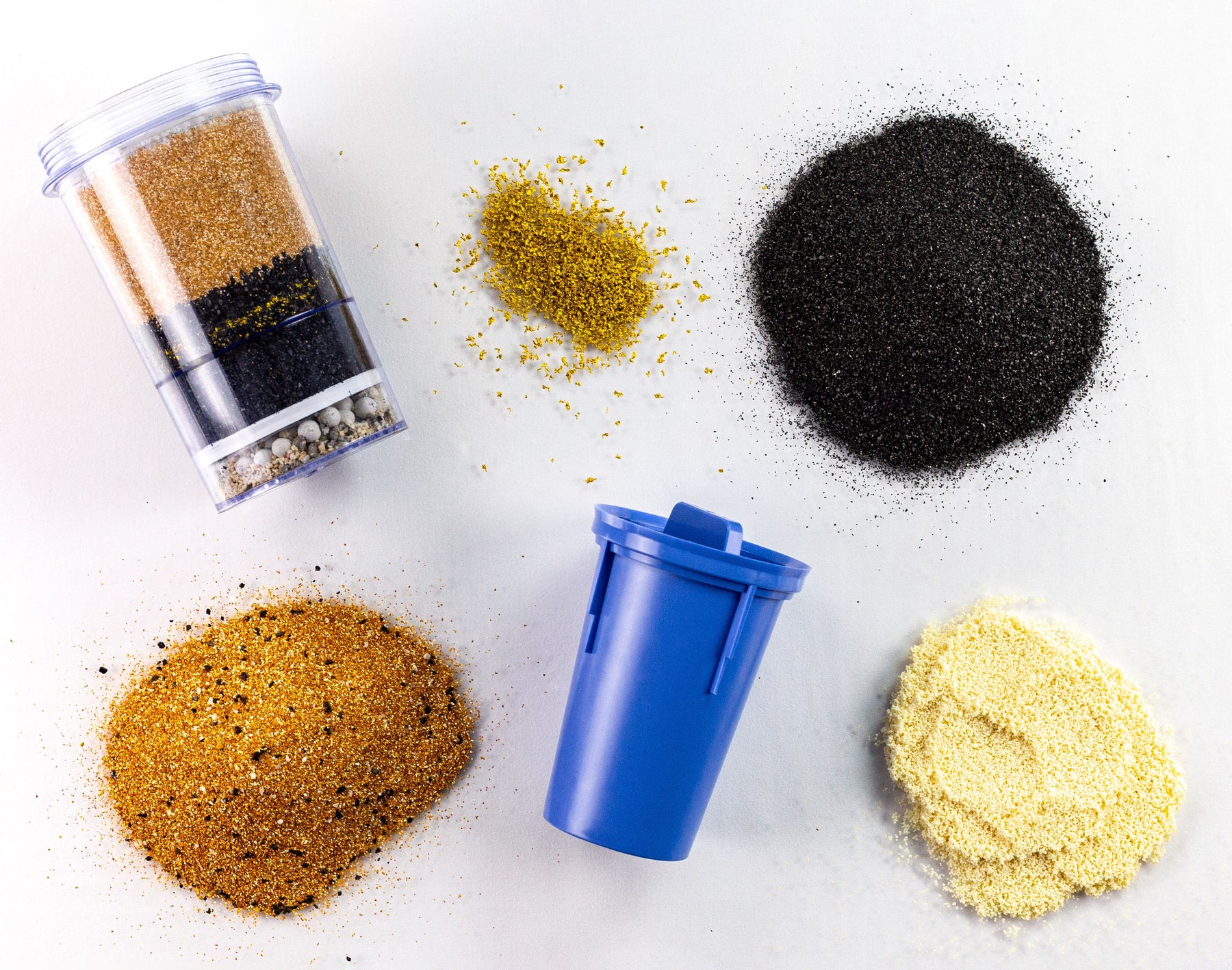 Collection of Santevia Filters, showcasing activated alumina, KDF, ion exchange resin, and granulated activated carbon