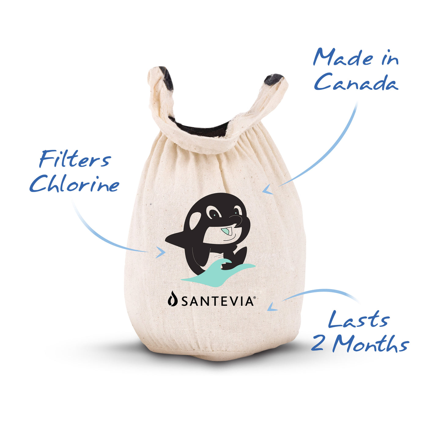 The Santevia Bath Filter is made in Canada, Filters Chlorine, and Lasts 2 Months