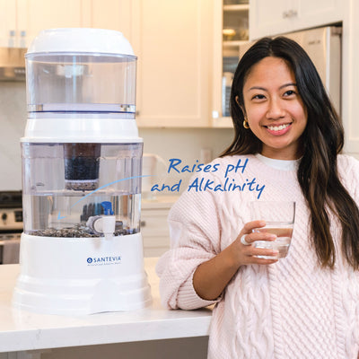 The Santevia Gravity Water System Raises pH and Alkalinity of Tap Water#model_countertop