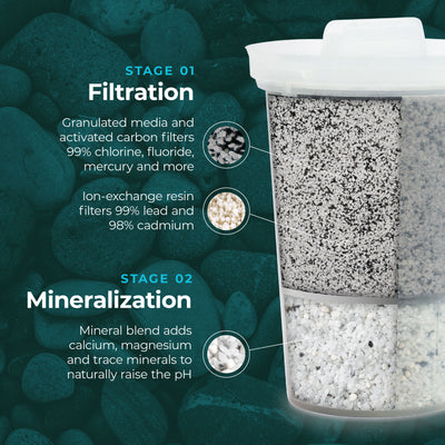 Santevia MINA Filter filteres 99% of chlorine, fluoride, mercury, lead, cadmium and more. It then adds healthy minerals like calcium and magnesium raising the pH of your drinking water