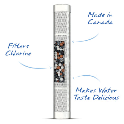The Santevia Water Bottle Filter removes chlorine, is made in Canada, and makes water taste delicious
