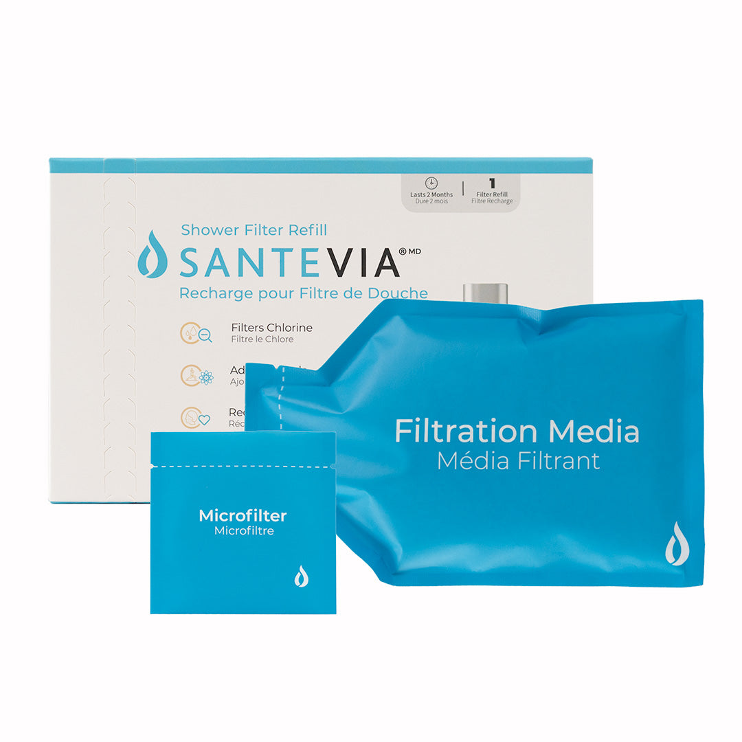 Santevia Shower Filter Contents: Filtration Media and Microfilter to refill the refillable metal filter