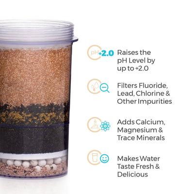 The Santevia Gravity Water System Fluoride Filter will raise the pH level by 2.0, filter fluoride, lead and chlorine, and add calcium & magnesium.#filter-type_fluoride-removal-filter